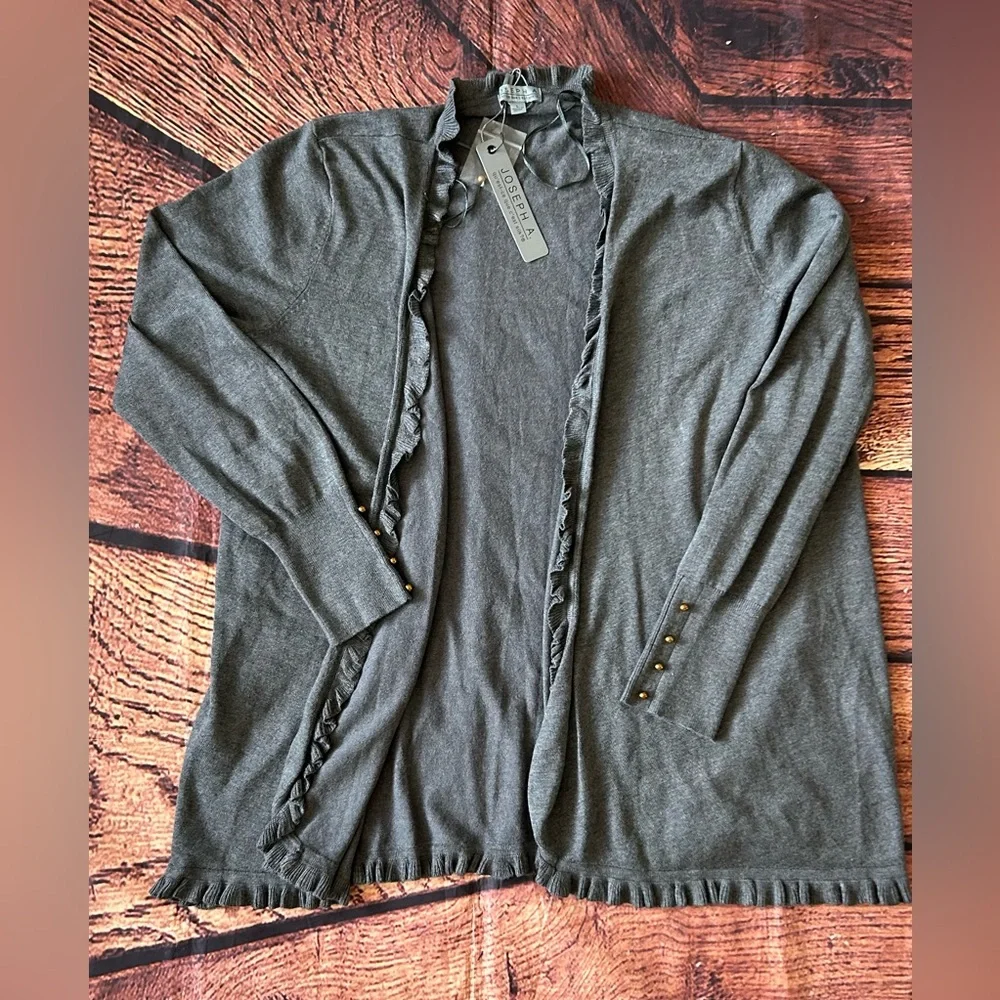 JOSEPH A‎ Women Charcoal Gray Ruffle Long Sleeve Open Front Cardigan Sweater L